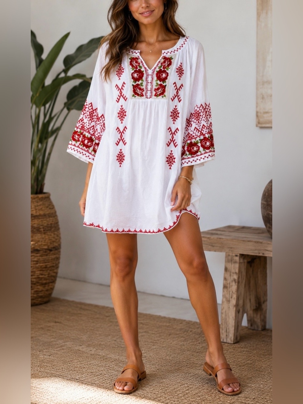 Johnny Was 3J Workshop Embroidered Bird Tunic Dress Boho White